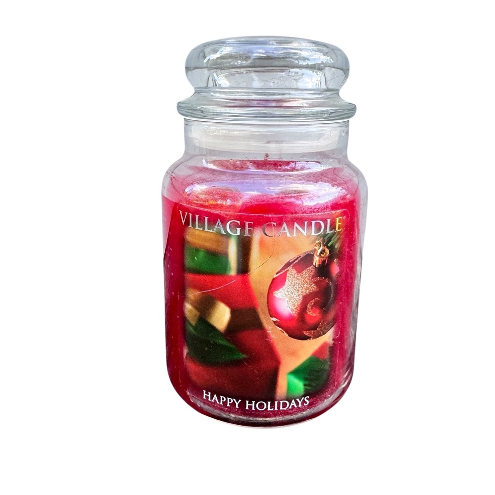Village Candle Happy Holidays Large Glass Apothecary Jar 26 oz 2 Wick Red Candle